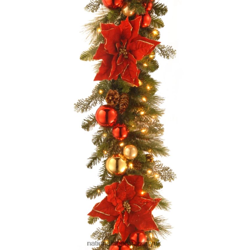 Greenery | National Tree Company Pre-Lit Artificial Christmas Garland Green Evergreen White Lights Decorated With Pine Cones Ball Ornaments Poinsettia Flowers Plug In Christmas Collection 9 F